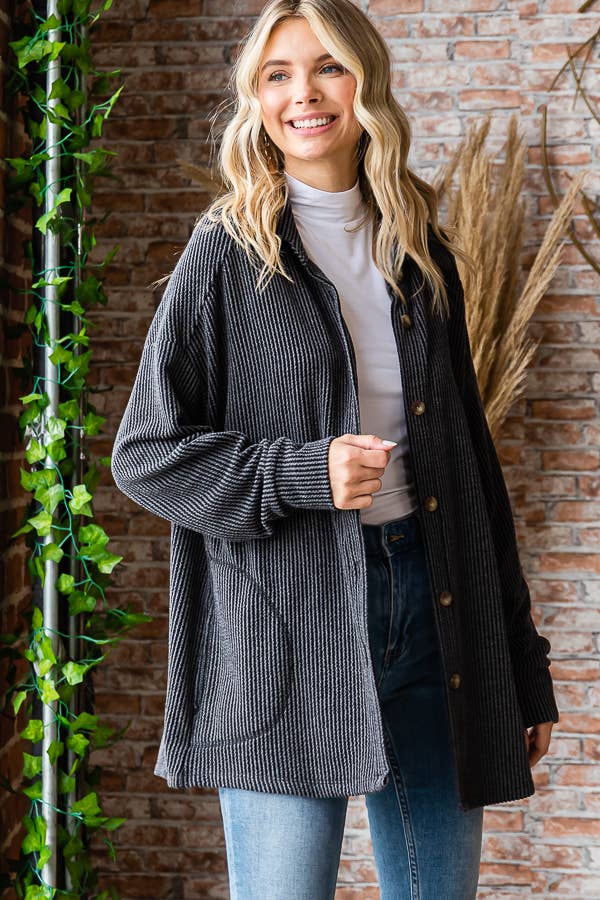 Solid Rib Button Down Side Pockets Long Sleeve Shacket T5256