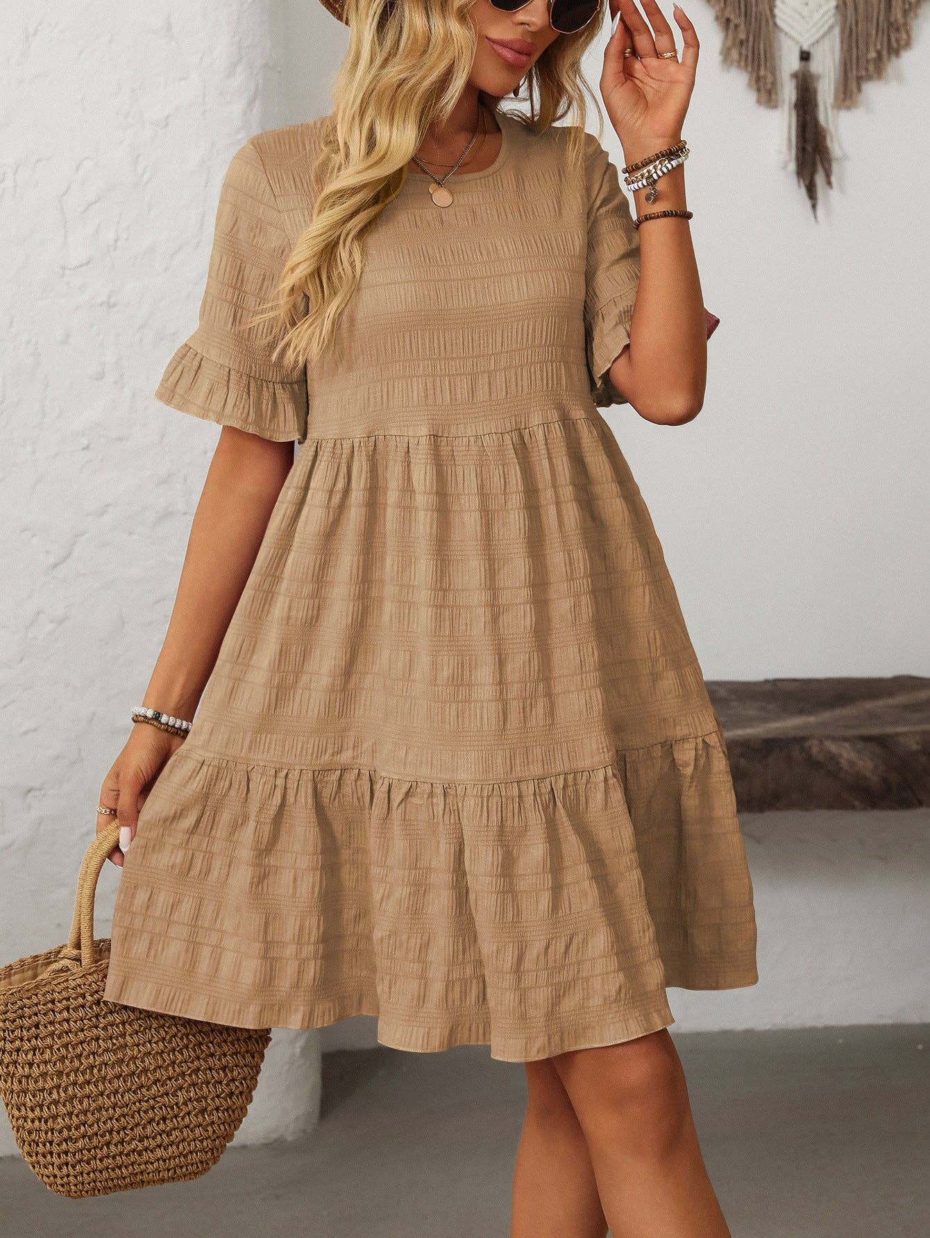 Women Ruffle Sleeve A Line Tiered Flowy Casual Trendy Mini Dress