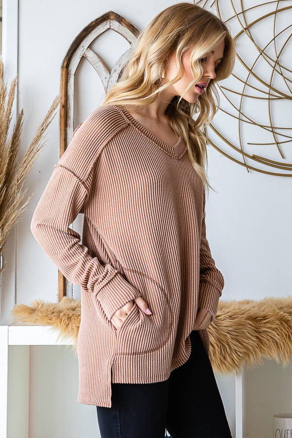 [PLUS SIZE] Rib V-Neck Drop Shoulder Long Sleeve Top T5240XL