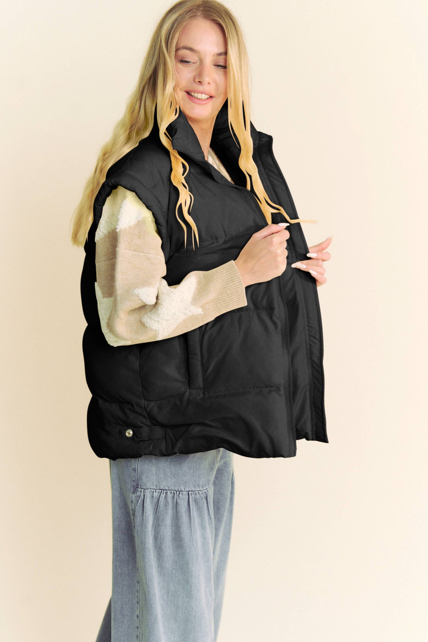 PLUS SOLID SLEEVELESS ZIPPER PUFFER JACKET VEST