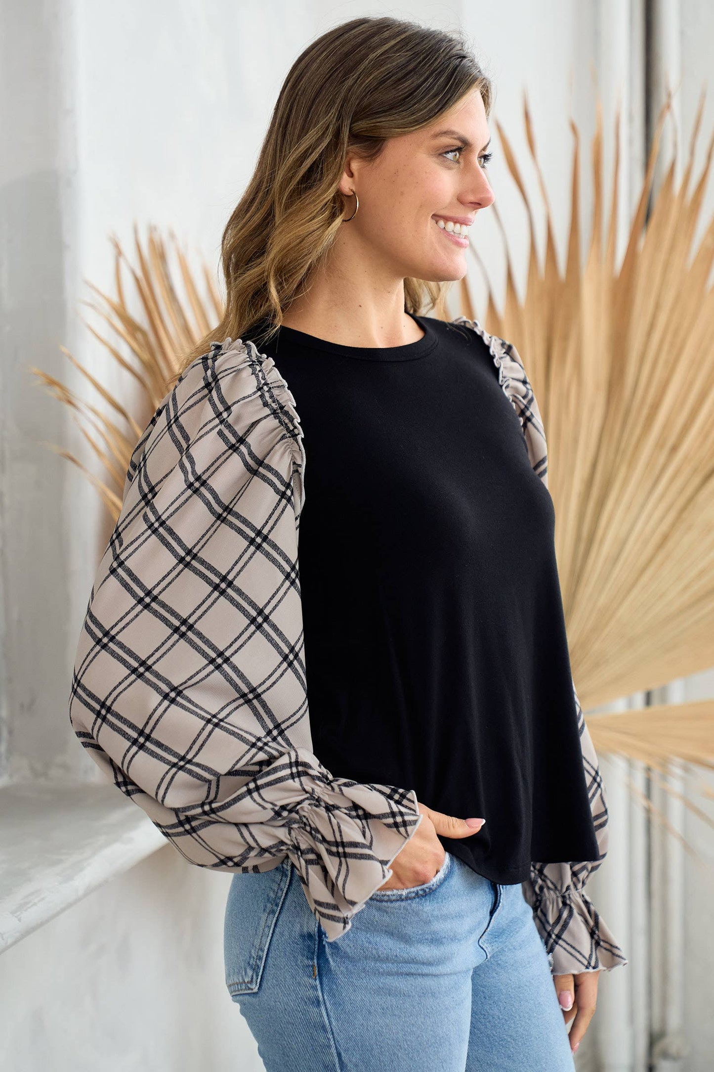 Plus jersey top with woven contrast check print-PLT10510