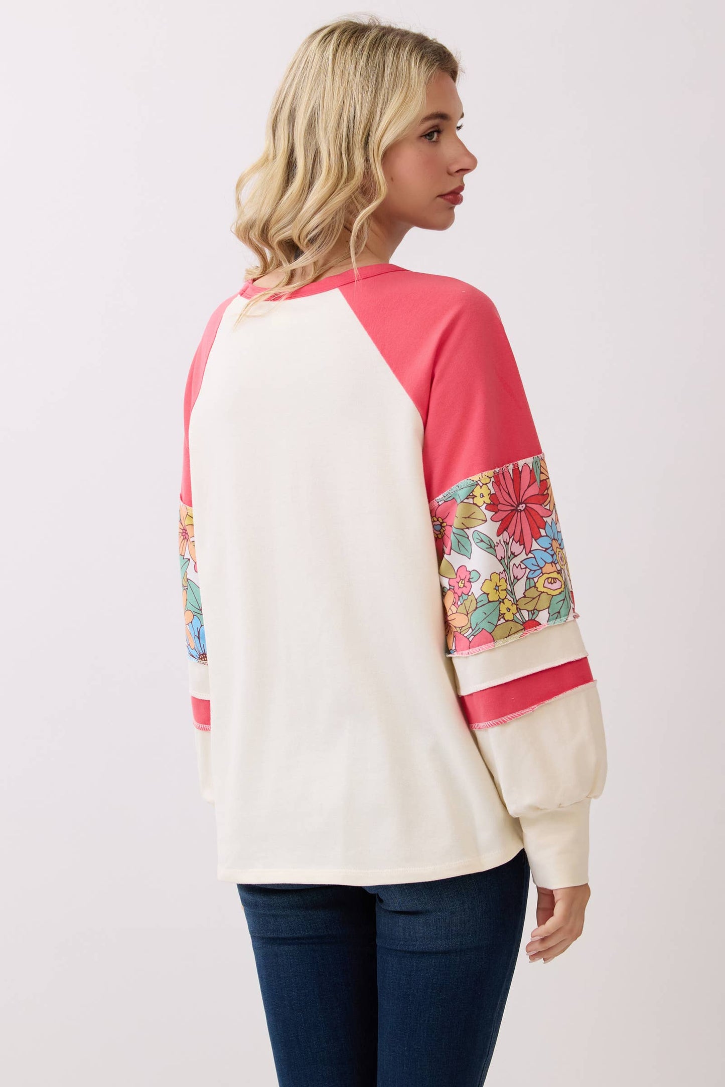 Floral Contrast Color Block Pullover Top
