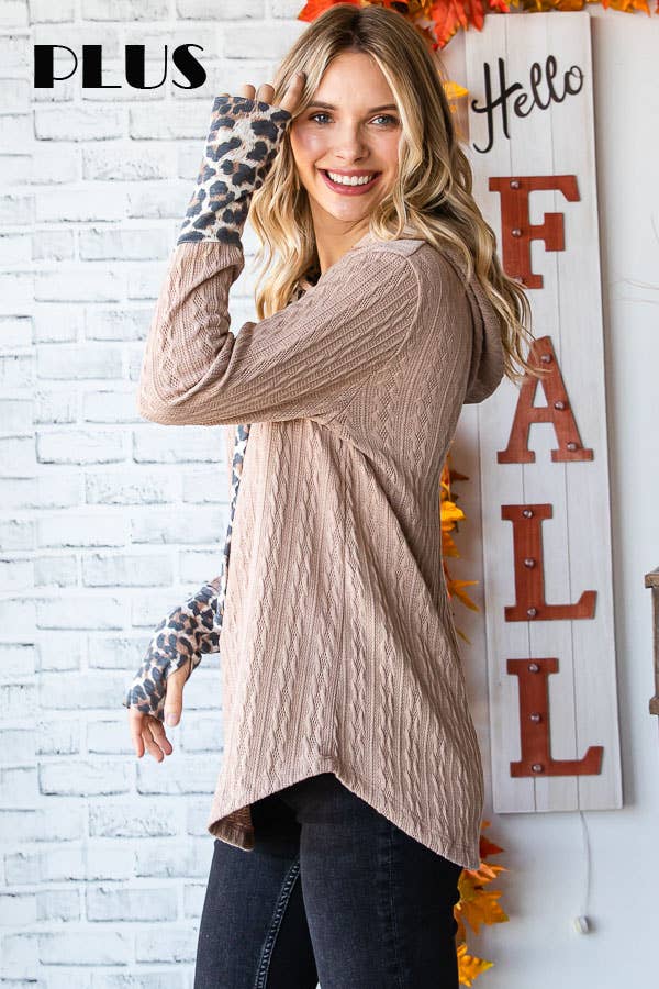 [PLUS SIZE]Cable Knit Leopard Accent Thumbhole HoodieT4892XL