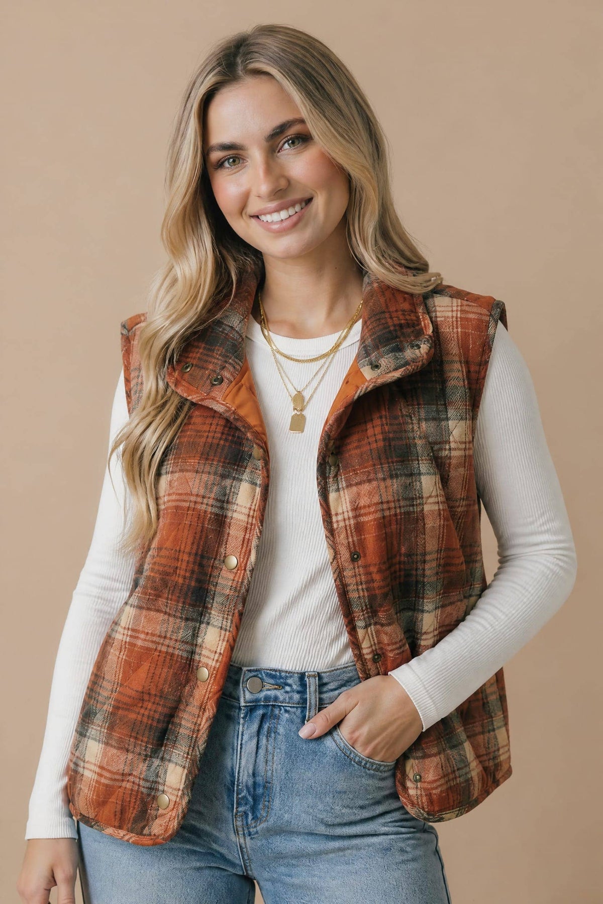 Plaid Quilted Snap Button Puffer Vest Curvy