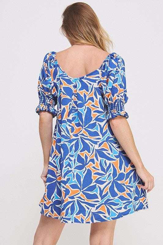 Puff Sleeve Tropical V-Neck Dress Curvy