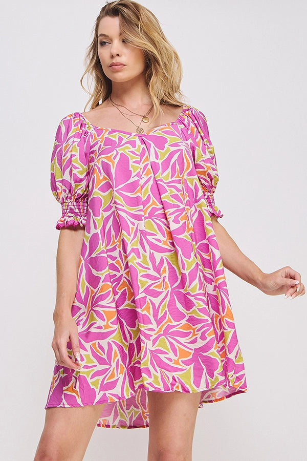 Puff Sleeve Tropical V-Neck Dress Curvy