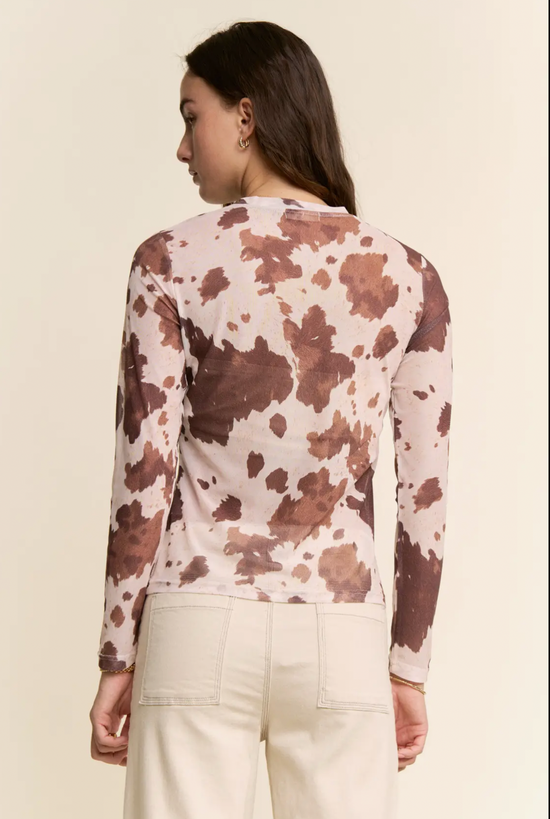 Cow Print Long Sleeve Mesh Top- Curvy