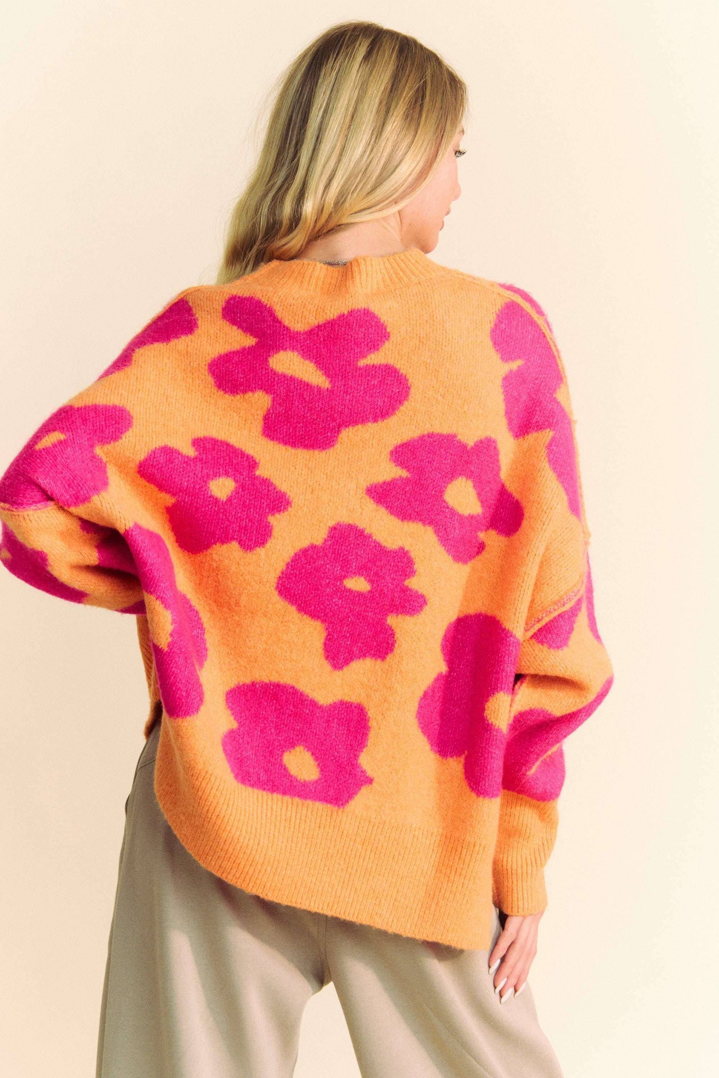 FLORAL LONG SLEEVE LOOSE FIT PULLOVER KNIT SWEATER