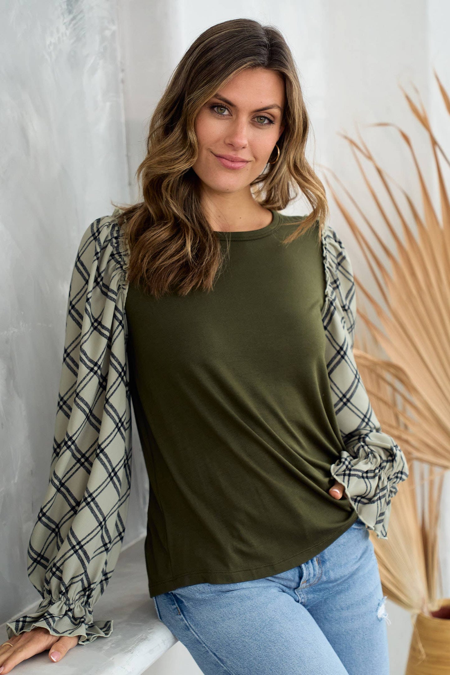 Plus jersey top with woven contrast check print-PLT10510