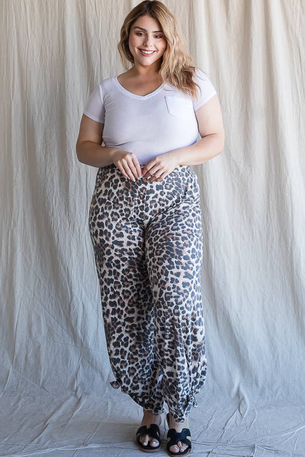 Leopard Print Side Slit Ankle Tie Pants Curvy