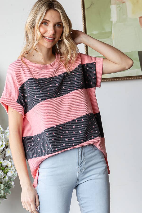 Floral Rib Side Slit Hi Low Banded Short Sleeve Top