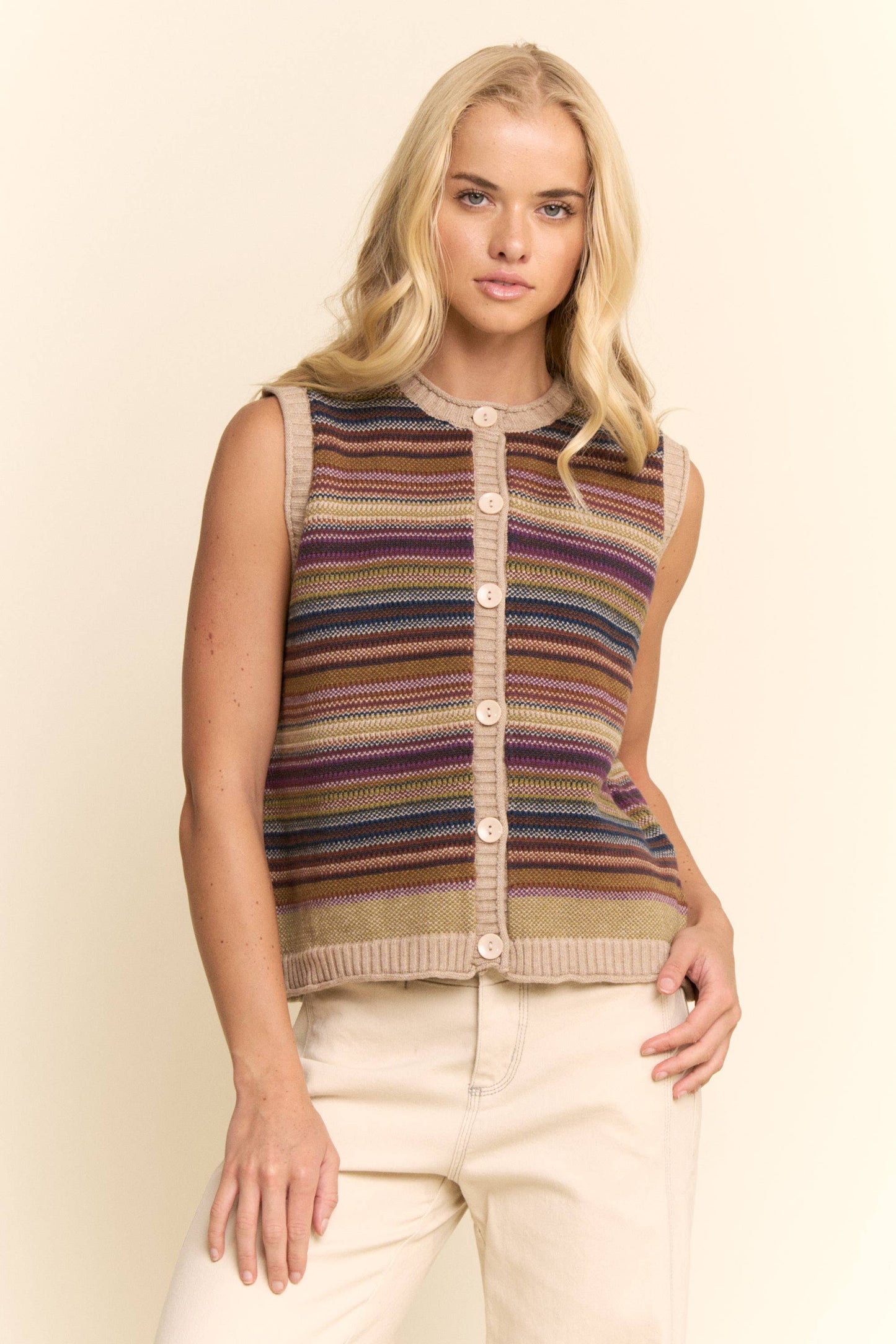 BUTTON-DOWN FRONT MULTICOLOR STRIPES RIBBED TRIM