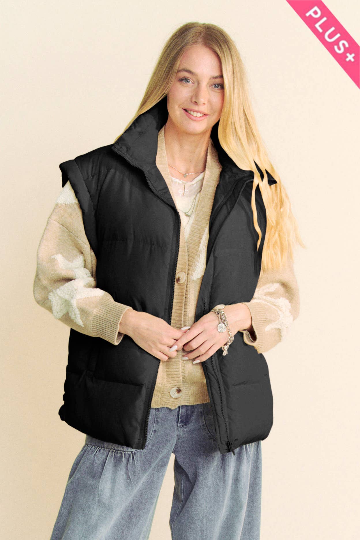 PLUS SOLID SLEEVELESS ZIPPER PUFFER JACKET VEST