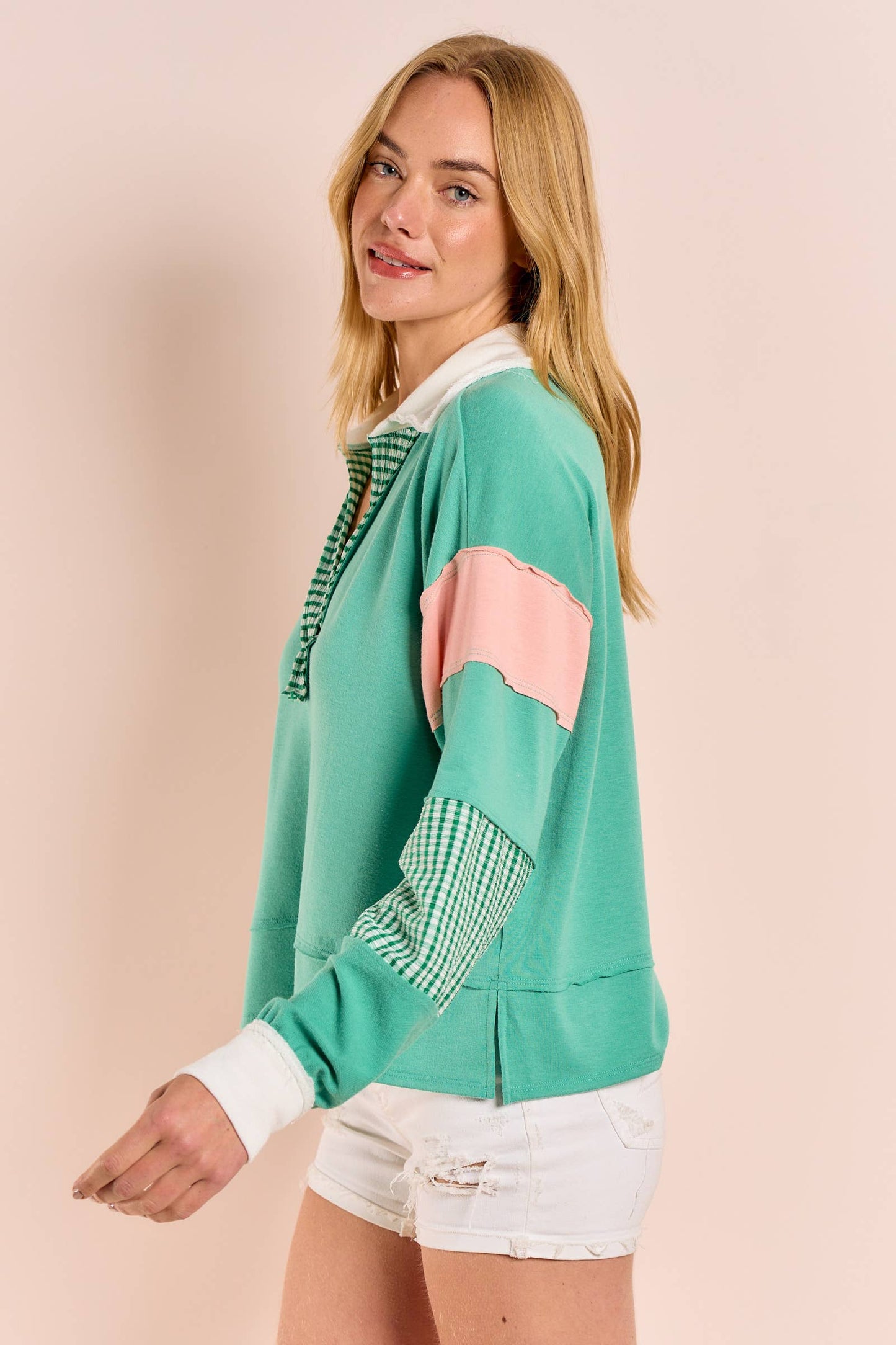 Plus color block collared top with striped panels-PLT11201