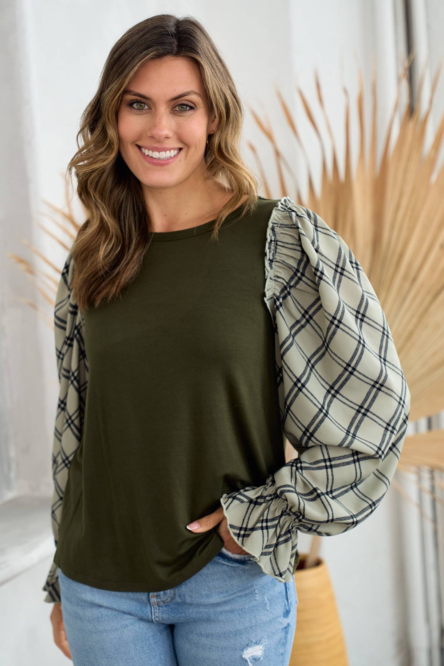 Plus jersey top with woven contrast check print-PLT10510