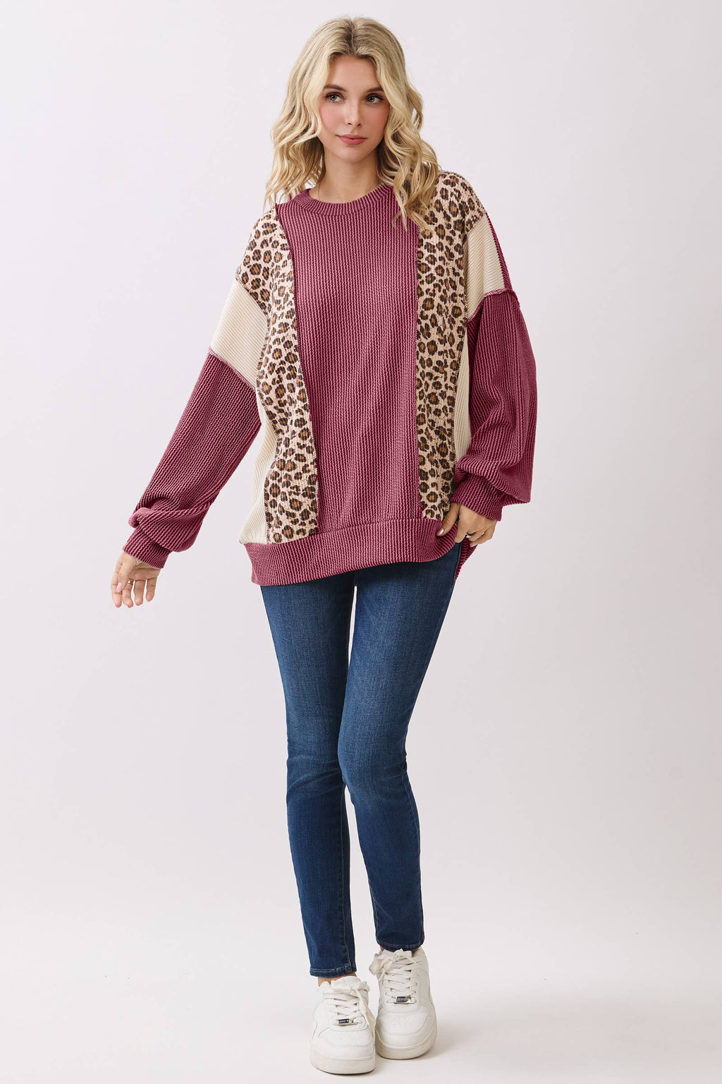 Color Block Rib Knit Oversized Pullover Top T6109