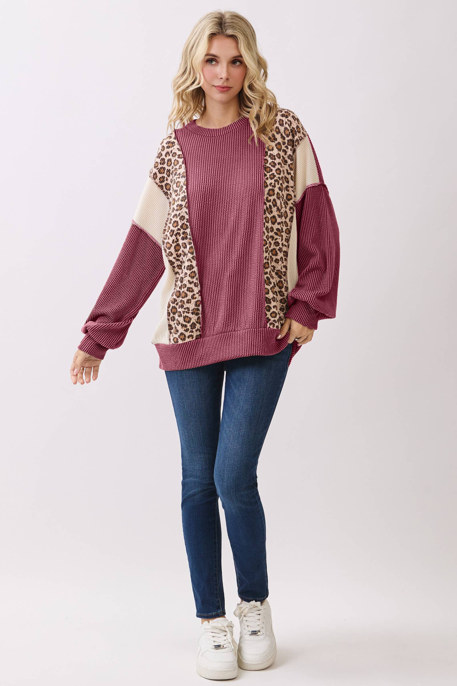 Color Block Rib Knit Oversized Pullover Top T6109