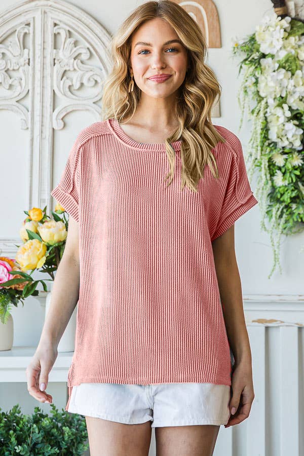 Solid Rib Drop Shoulder Side Slit Short Sleeve Top