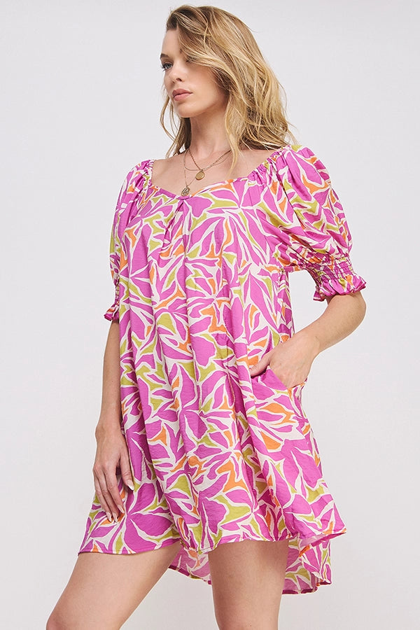 Puff Sleeve Tropical V-Neck Dress Curvy