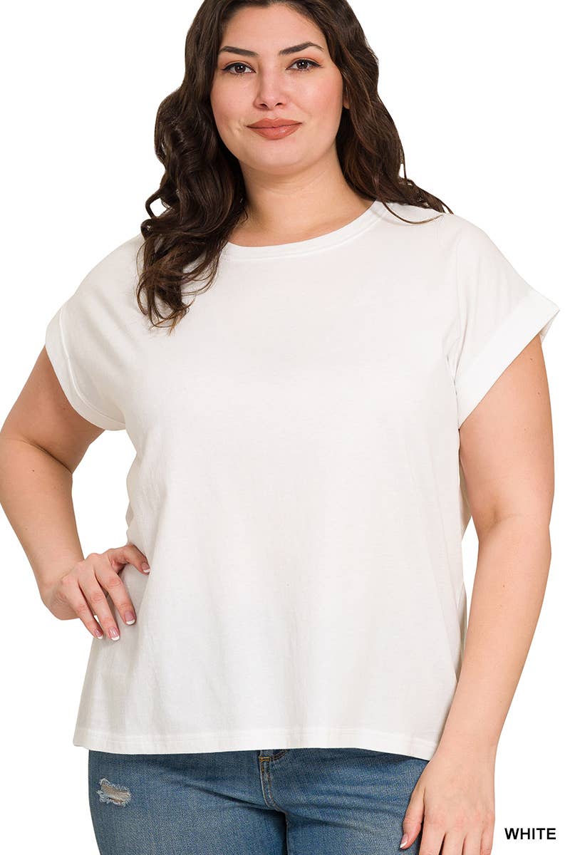 Round Neck Folded Short Sleeve T Shirt Curvy