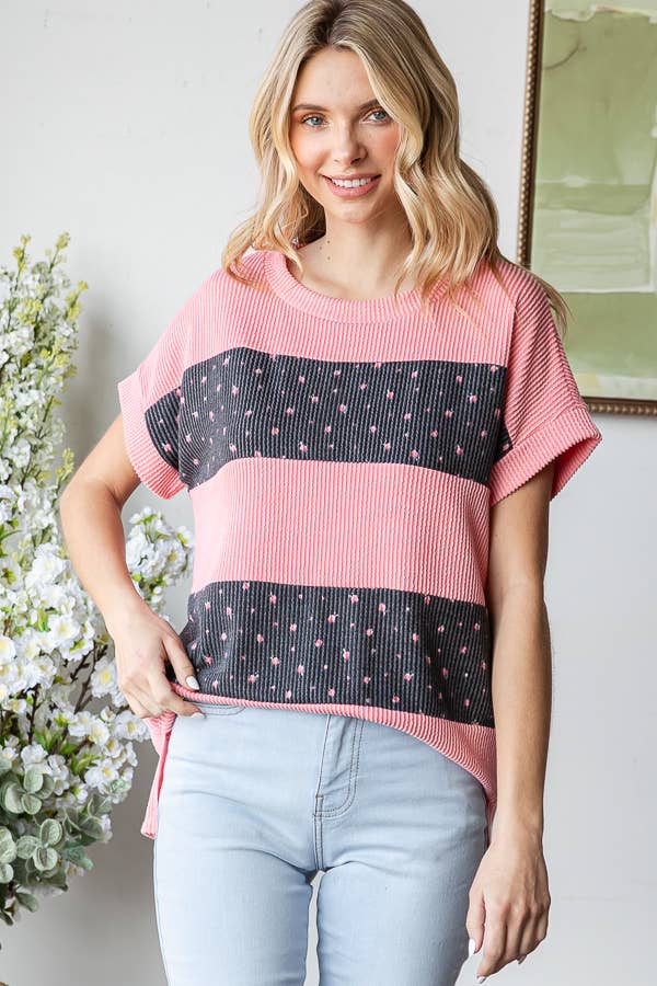 Floral Rib Side Slit Hi Low Banded Short Sleeve Top