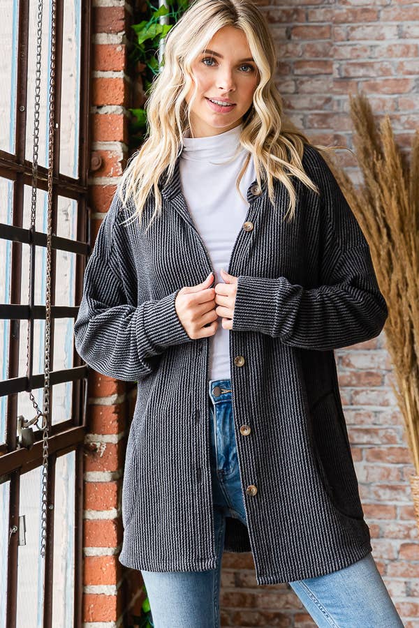 Solid Rib Button Down Side Pockets Long Sleeve Shacket T5256