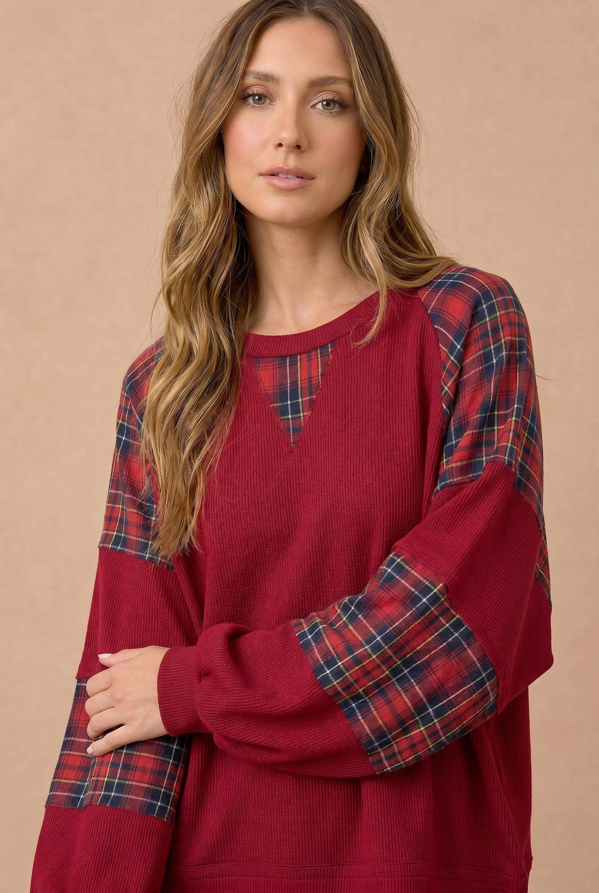 Plaid Contrast Raglan Rib Knit Pullover