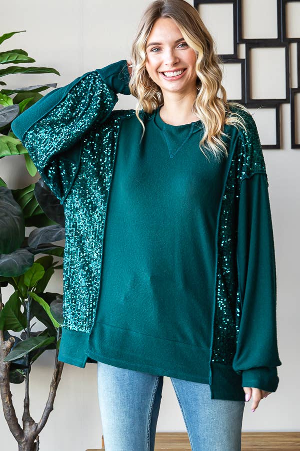 Brushed Drop Shoulder Sequin Contrast Pullover Top T5400