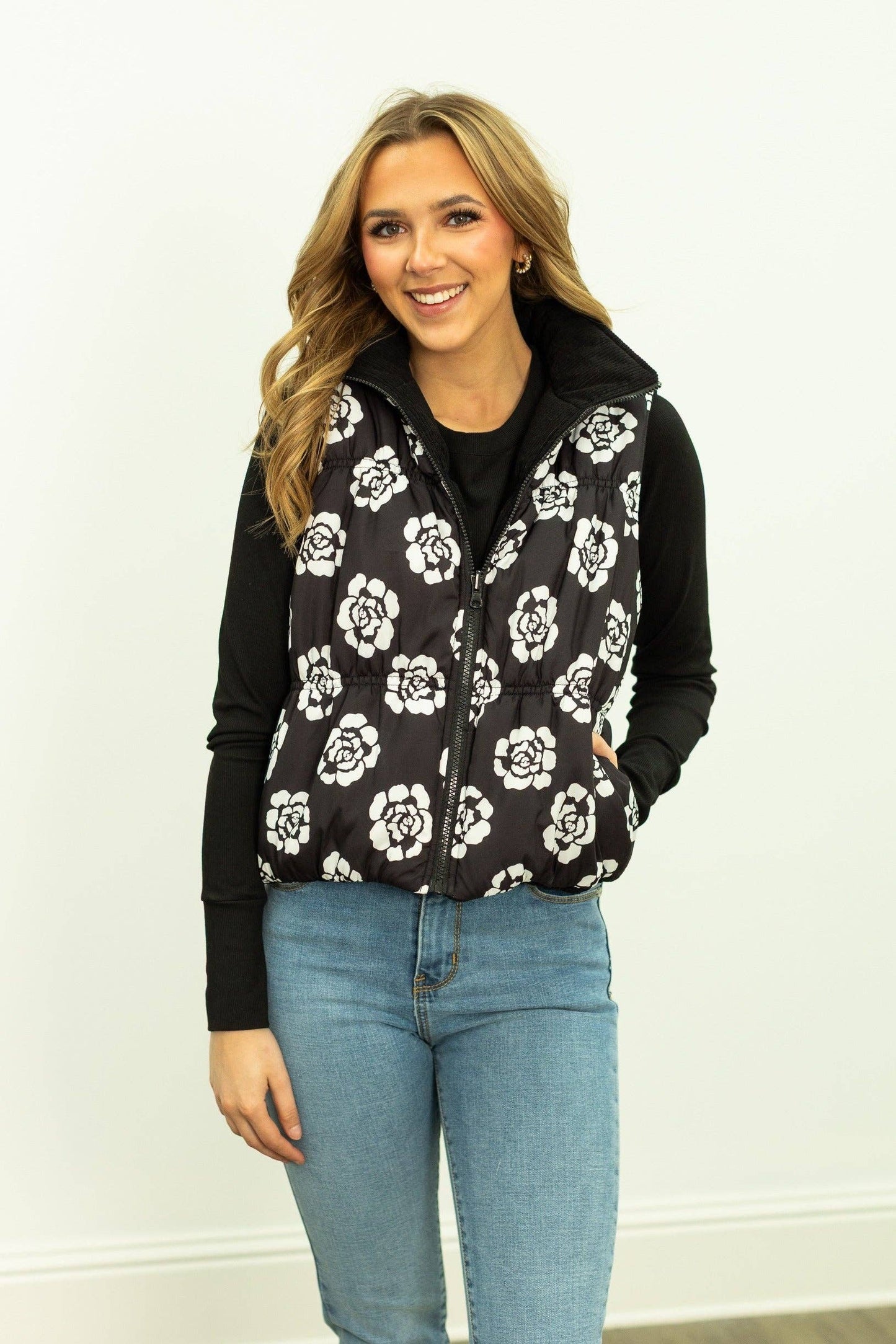 The Gillian Reversible Black and Floral Puffer Vest