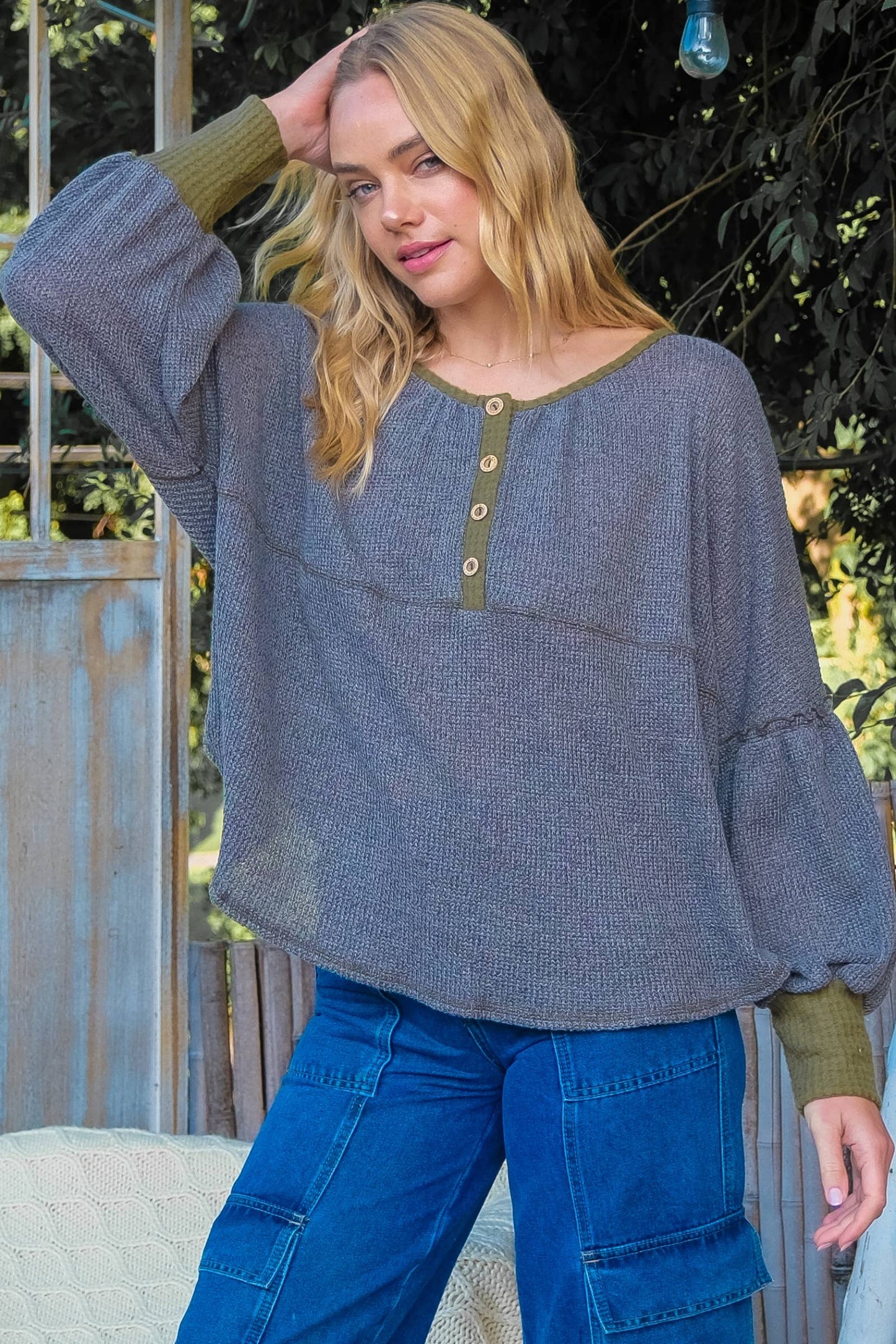 Roomy fit long sleeve top with placket-LT6491