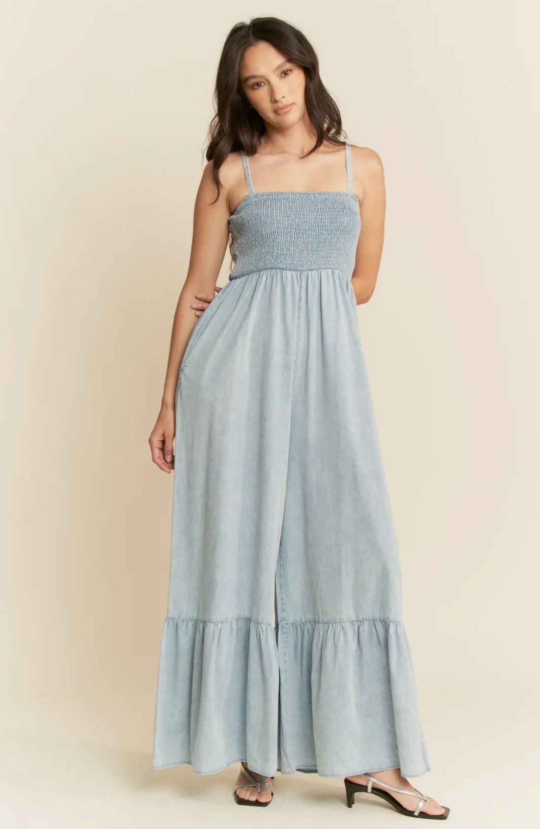 Mineral Washed Smocking Bodice Jumpsuit