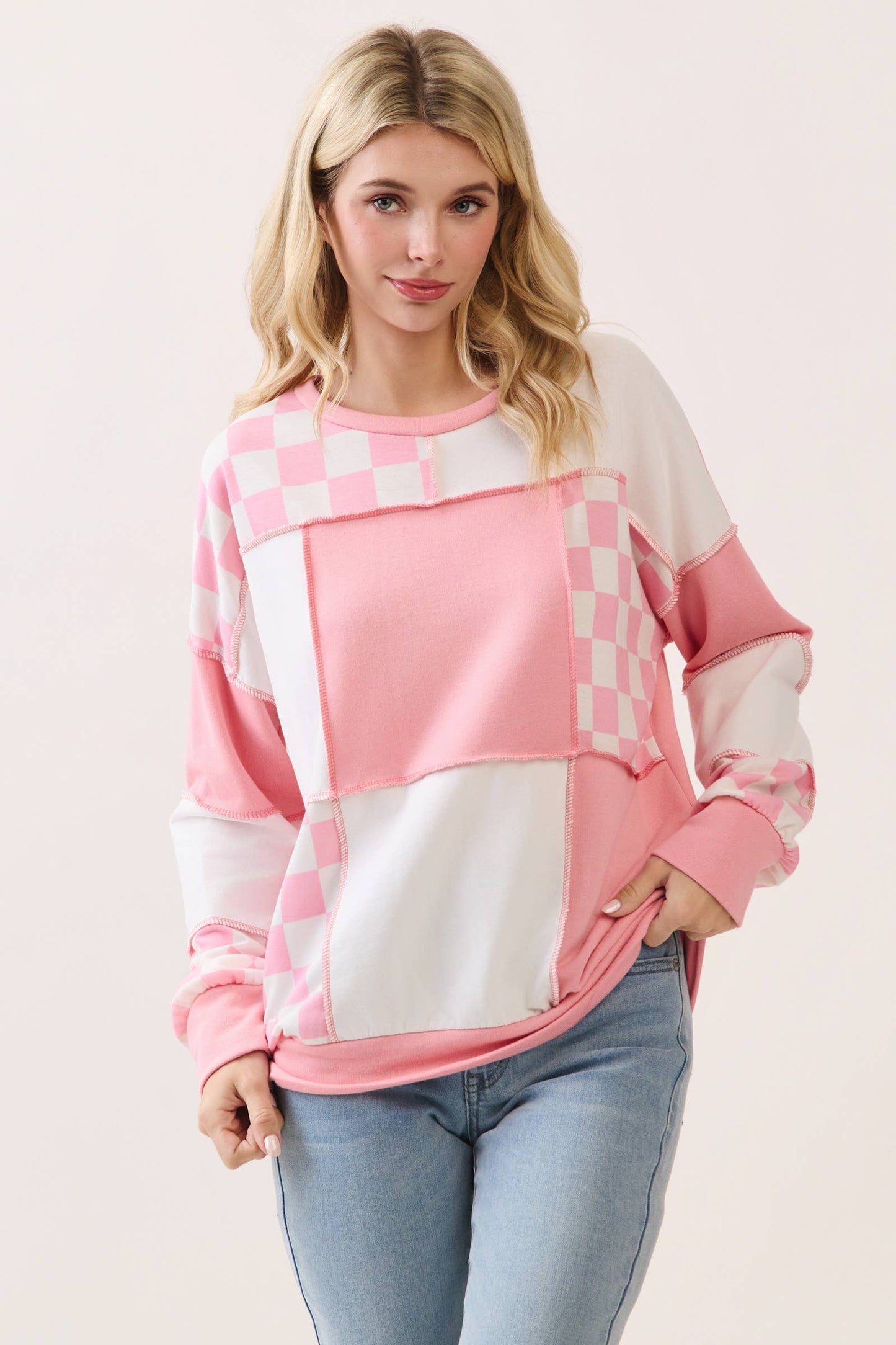 Checkered Print Patchwork Top