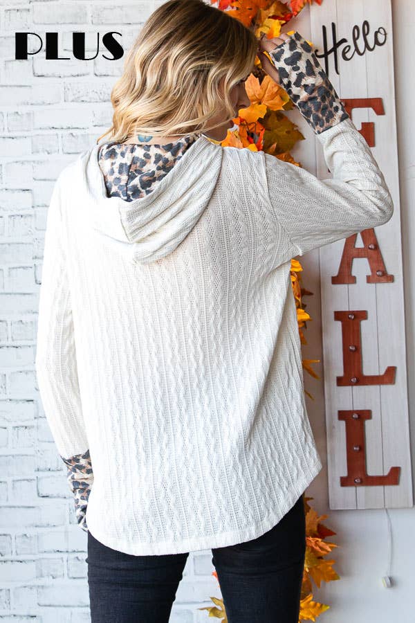 [PLUS SIZE]Cable Knit Leopard Accent Thumbhole HoodieT4892XL