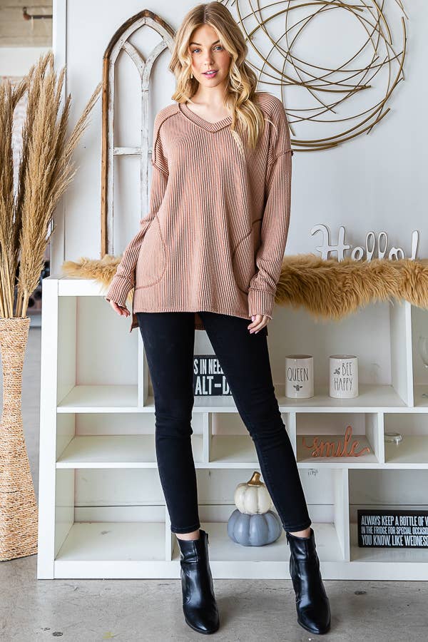 [PLUS SIZE] Rib V-Neck Drop Shoulder Long Sleeve Top T5240XL