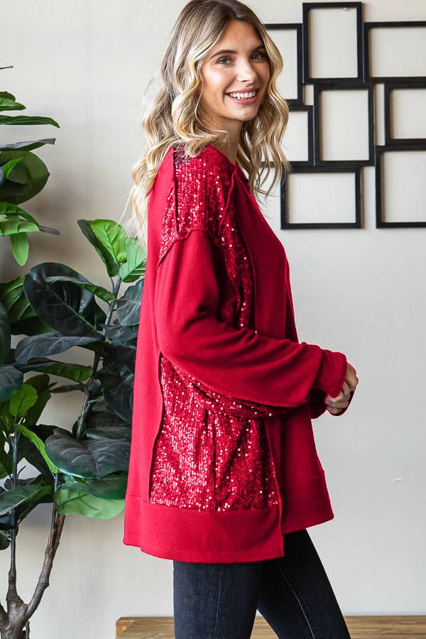 Brushed Drop Shoulder Sequin Contrast Pullover Top T5400