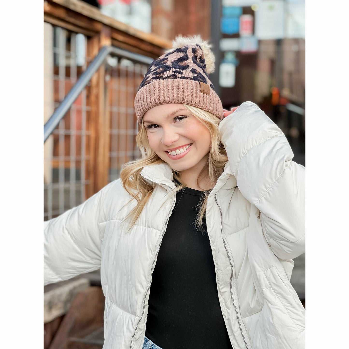 Leopard Pattern Faux Fur Pom Beanie HAT3513