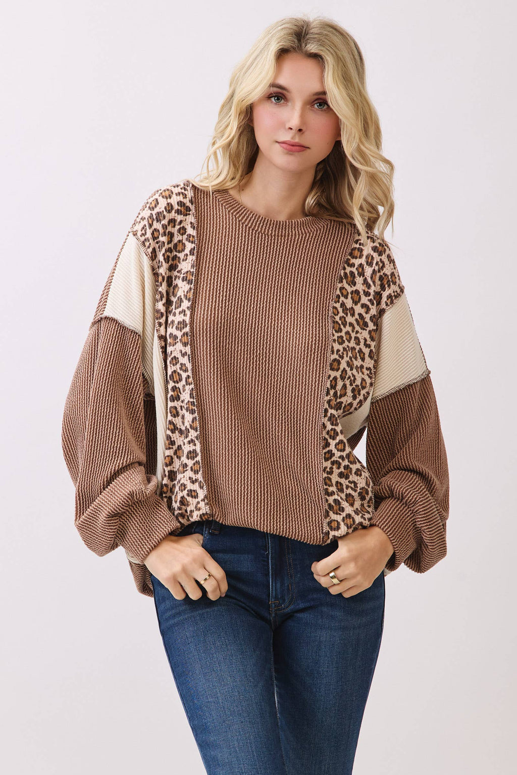 Color Block Rib Knit Oversized Pullover Top T6109