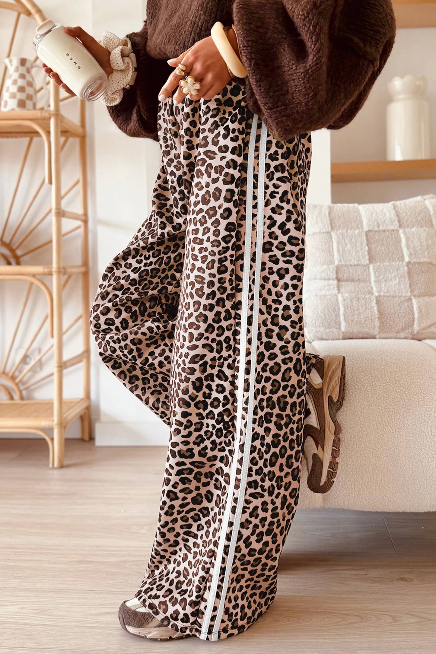 Leopard Wide Leg Side Stripe Full-Length Trousers