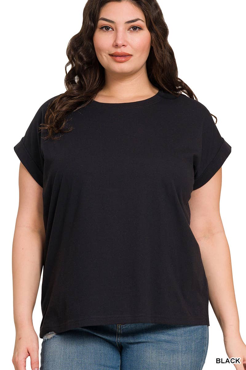 Round Neck Folded Short Sleeve T Shirt Curvy