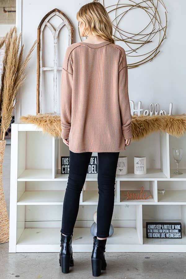 [PLUS SIZE] Rib V-Neck Drop Shoulder Long Sleeve Top T5240XL