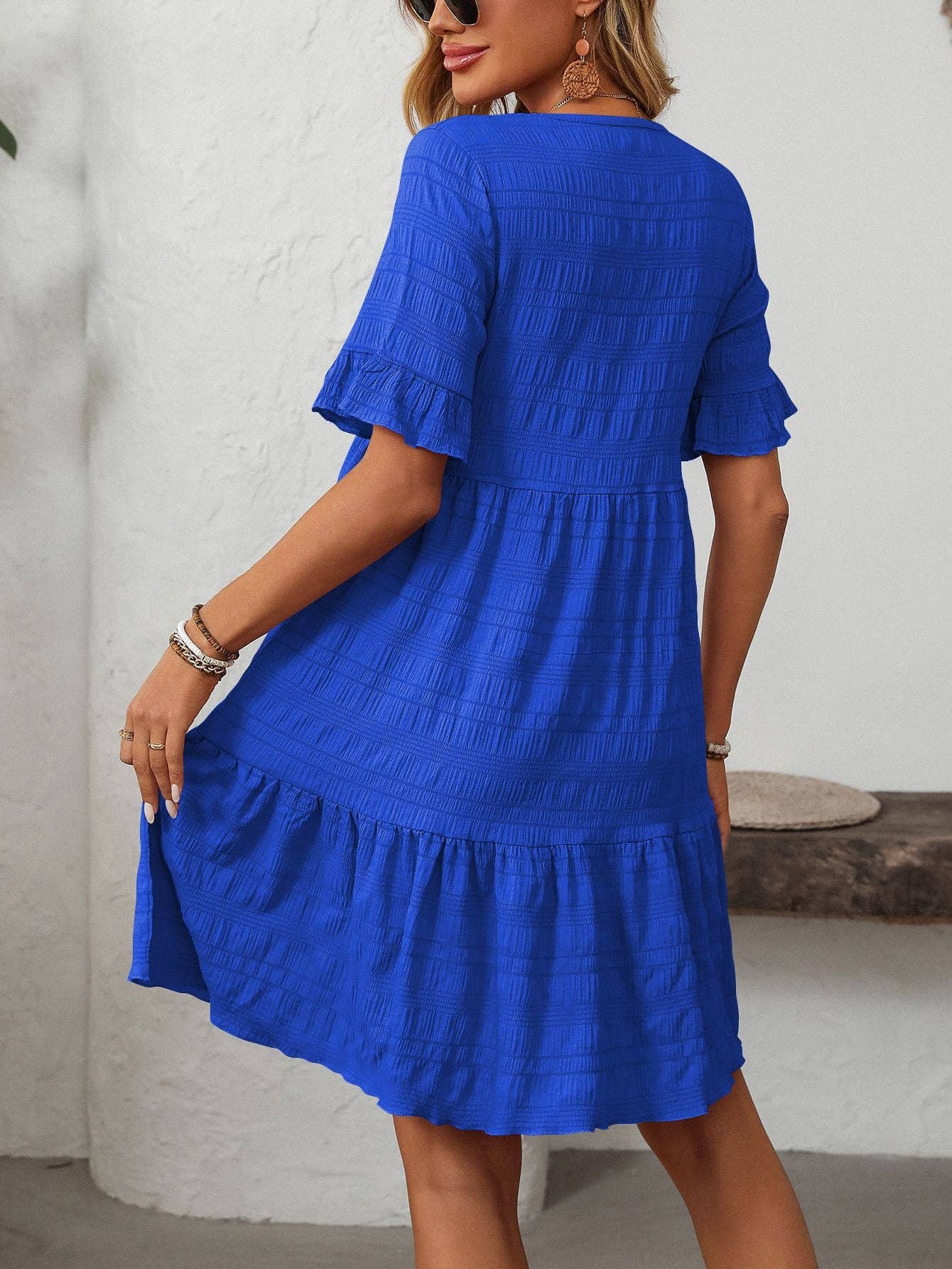 Women Ruffle Sleeve A Line Tiered Flowy Casual Trendy Mini Dress