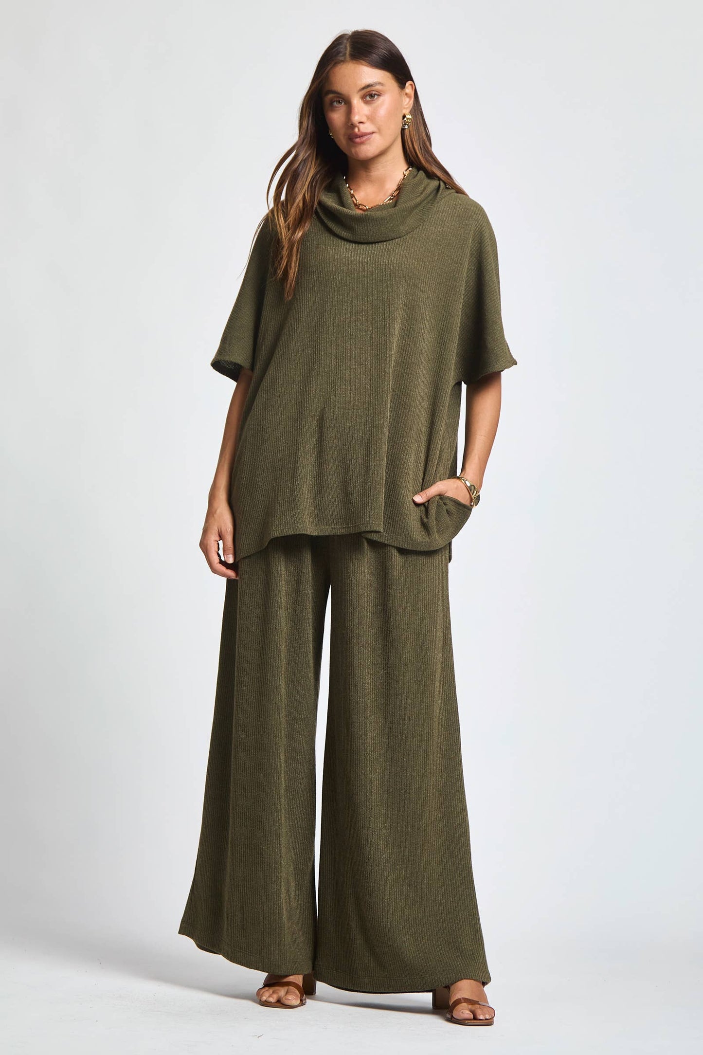 Cowl Neck Top + Relaxed Pants 2 Piece Set