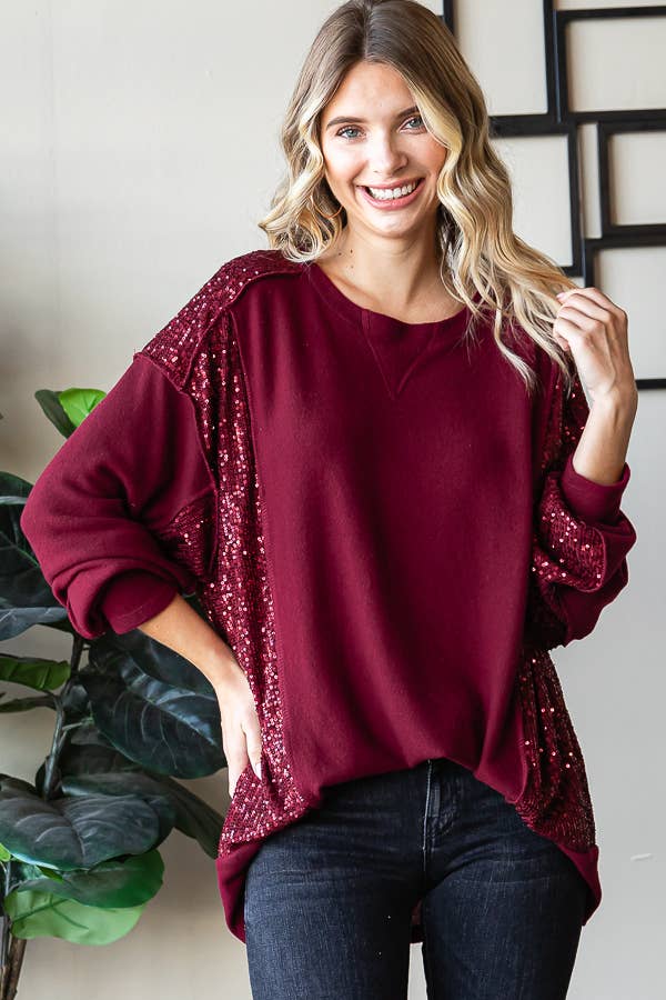 Brushed Drop Shoulder Sequin Contrast Pullover Top T5400