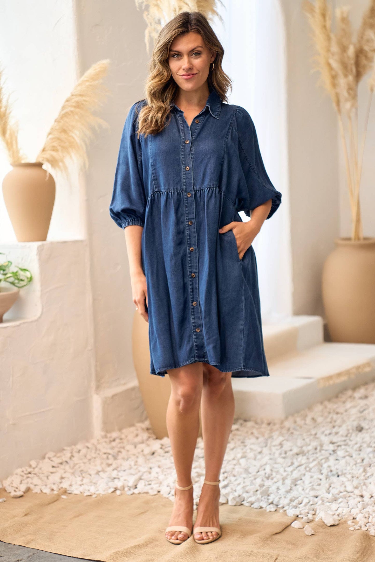Plus Button down puff sleeve mini dress-PID10016A