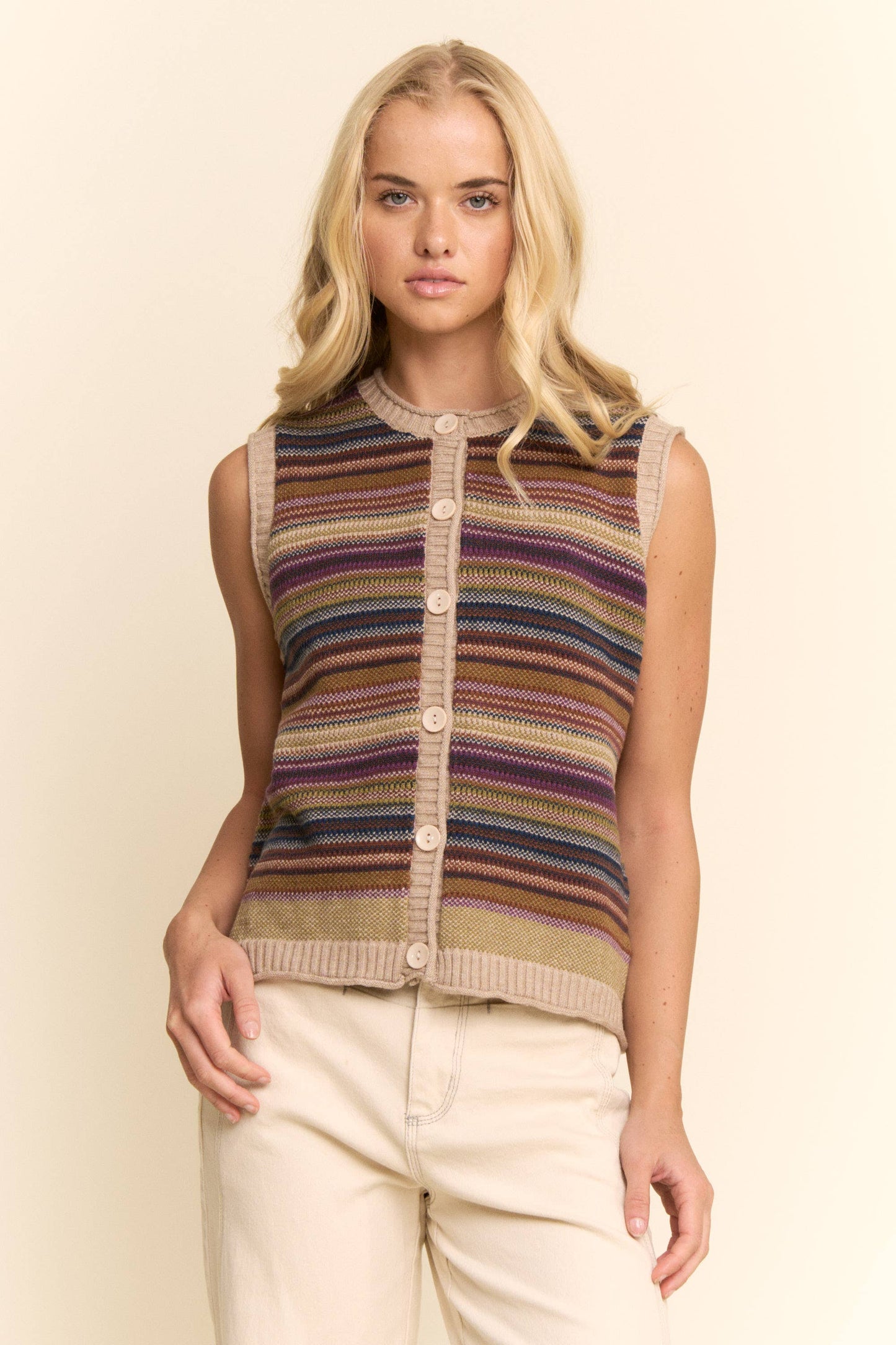 BUTTON-DOWN FRONT MULTICOLOR STRIPES RIBBED TRIM