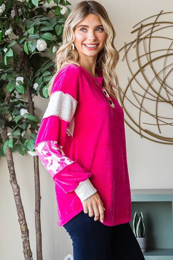 [PLUS SIZE] Animal Print Accent Button Front PulloverT5371XL