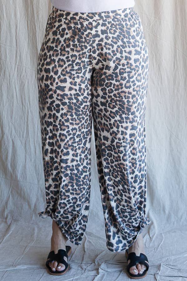 Leopard Print Side Slit Ankle Tie Pants Curvy