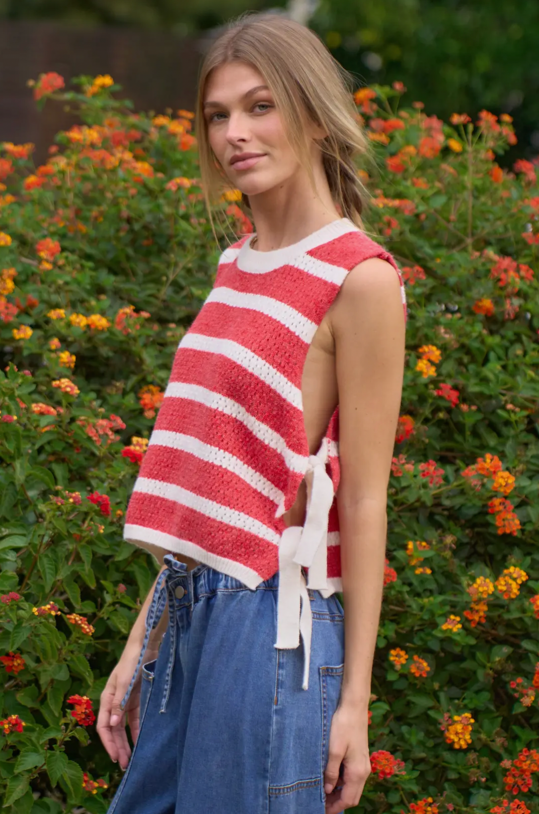 Crochet Striped Sleeveless Knit Top