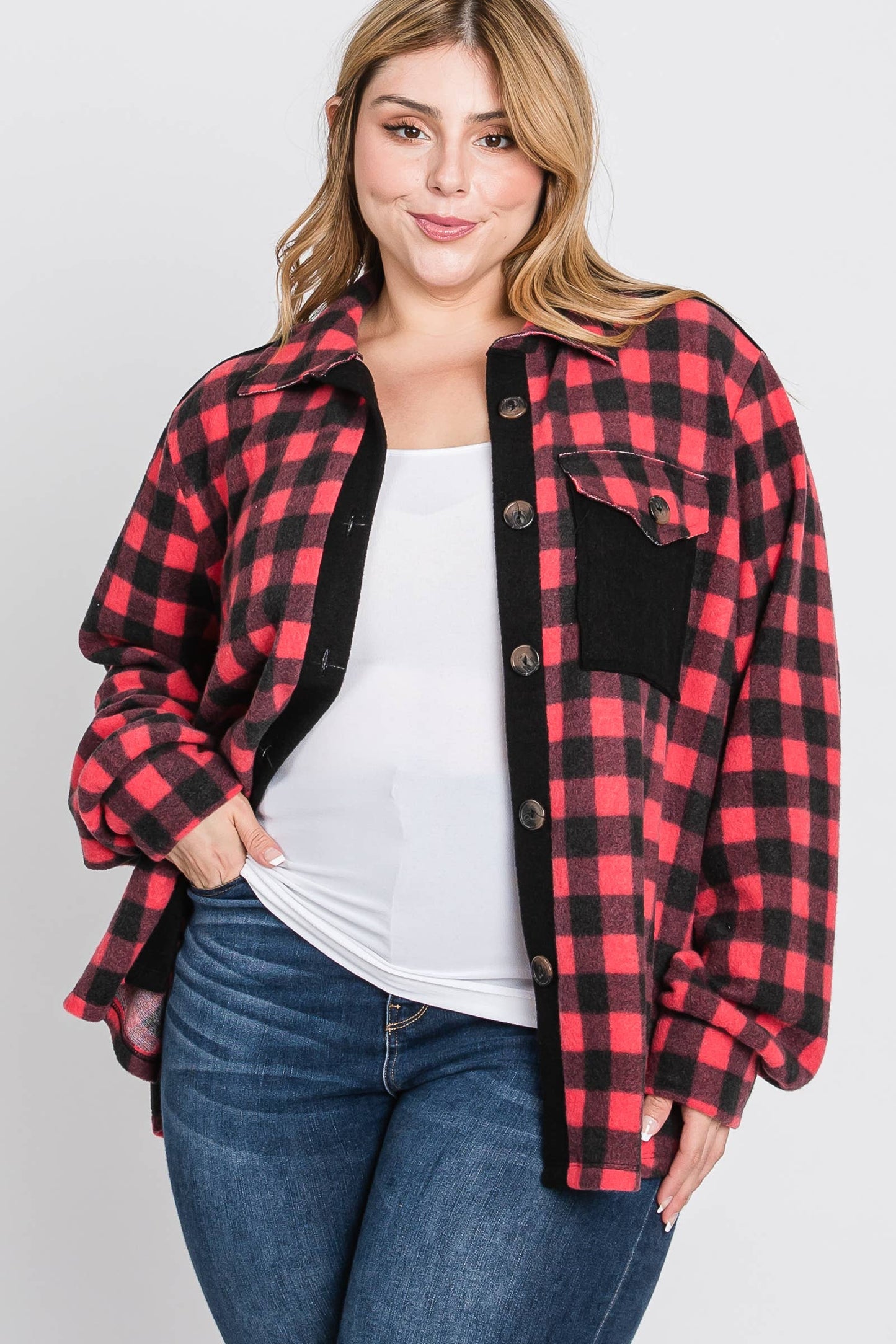 Plus Plaid brushed knit shirt jacket-PLT4604B
