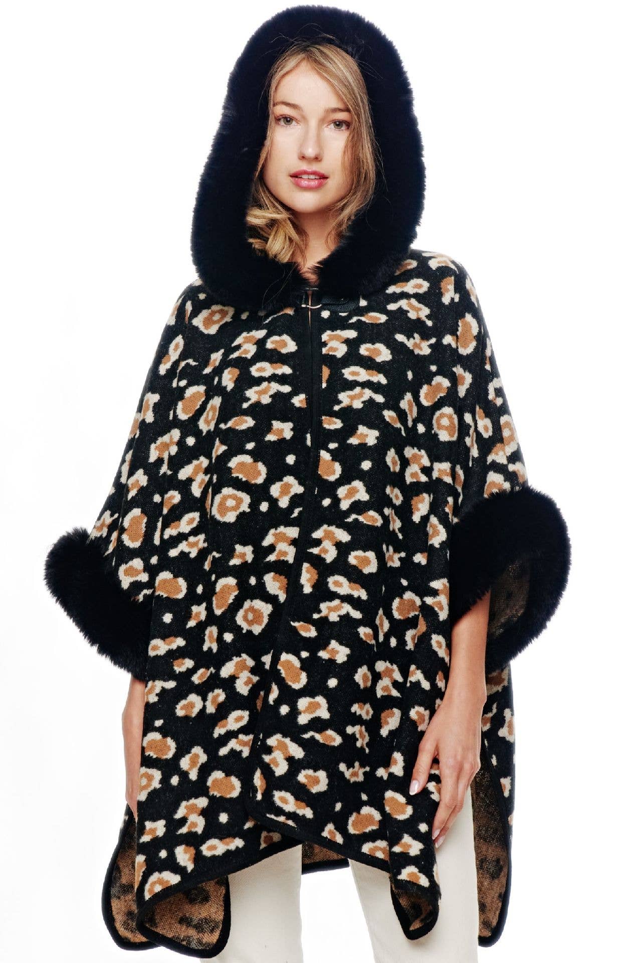 Leopard Faux Fur Hoodie Cape